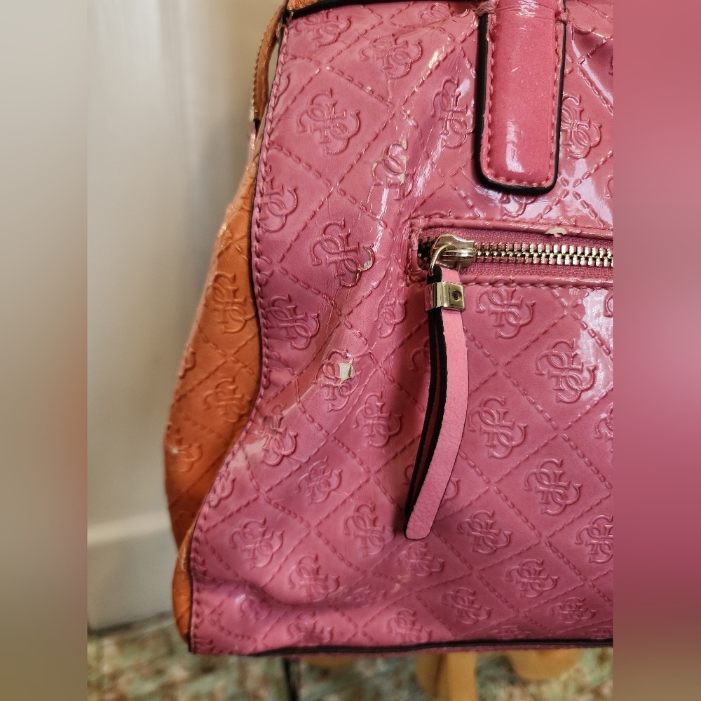 Guess Patchwork Satchel Tote Bag Pink Orange Quilted Logo - Picture 3 of 16
